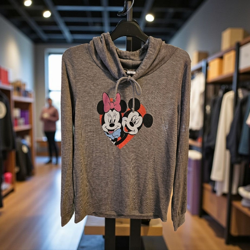Disney Gray Cowl Neck with Minnie and Mickey Heart Design Sz M